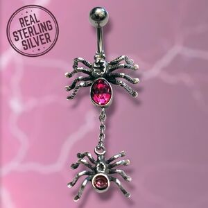Sterling Silver Spider Belly Ring with Pink CZ